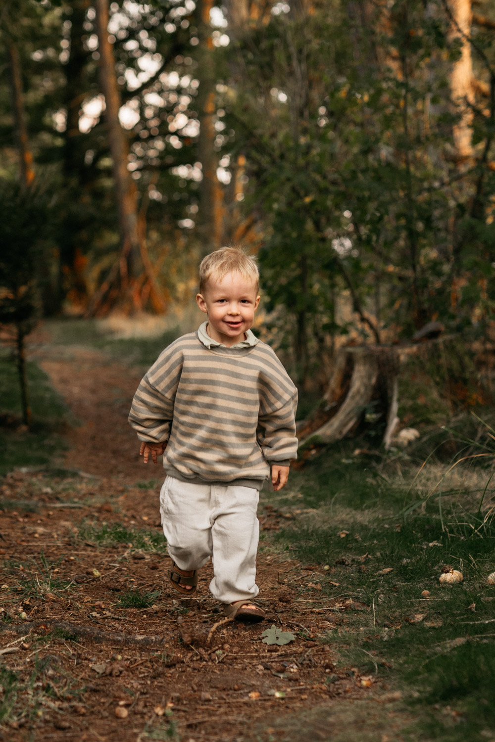 a boy walking in the woods