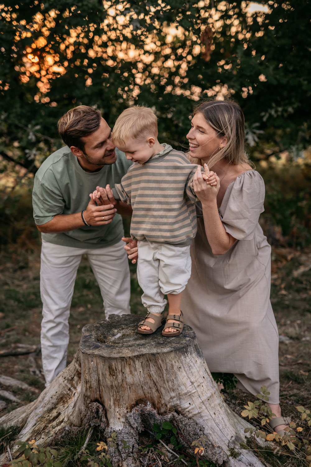 a father and mother standing on a tree stump with a child